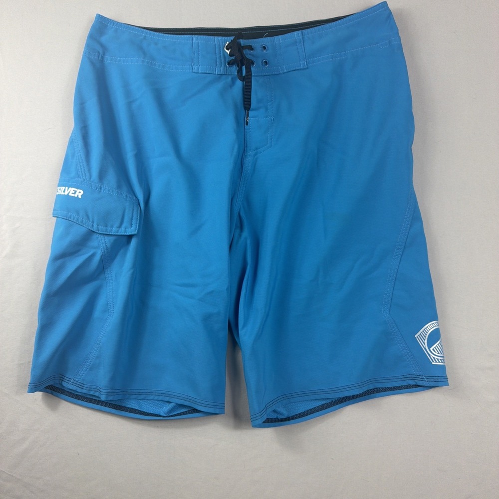 Quilksilver Swim Trunks board shorts, blue, cargo pocket, drawstring, men's 34